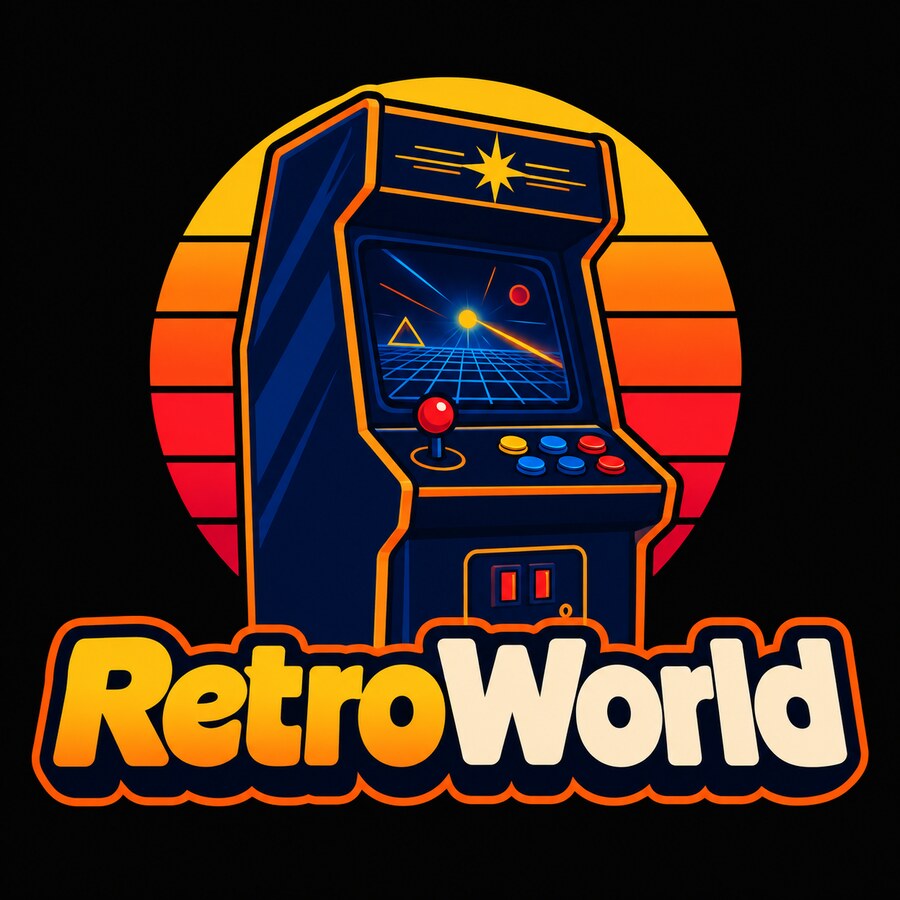 RetroWorld — arcade cabinet on a sunset